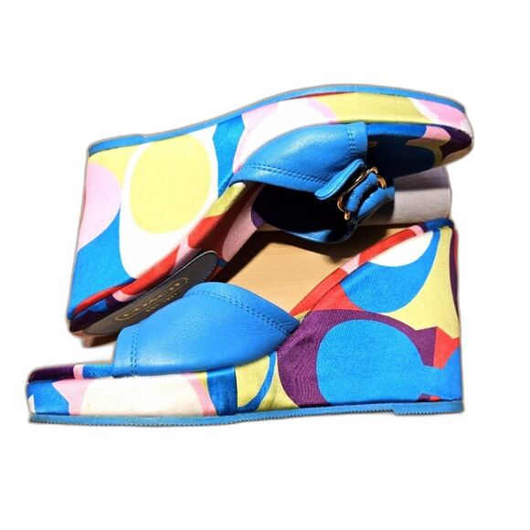Coach Aqua Corryanna Nappa Sateen & Leather Slip On 4 Inch Wedge Sandals - Picture 1 of 12